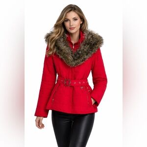 Miller Red Puffer Women Jacket with Real Fur Trim Belted Size Medium